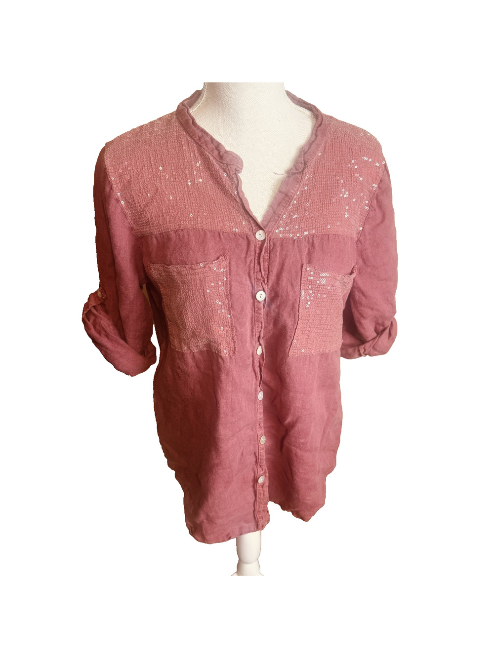 Dusty Rose 100% Linen Top Blouse made in Italy sequins roll tab sleeves camp M